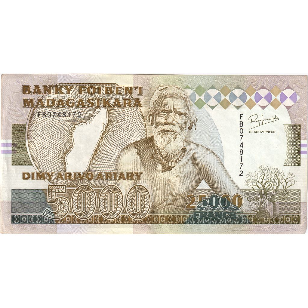 Madagaskar,
25,
000 franků = 5000 ariary