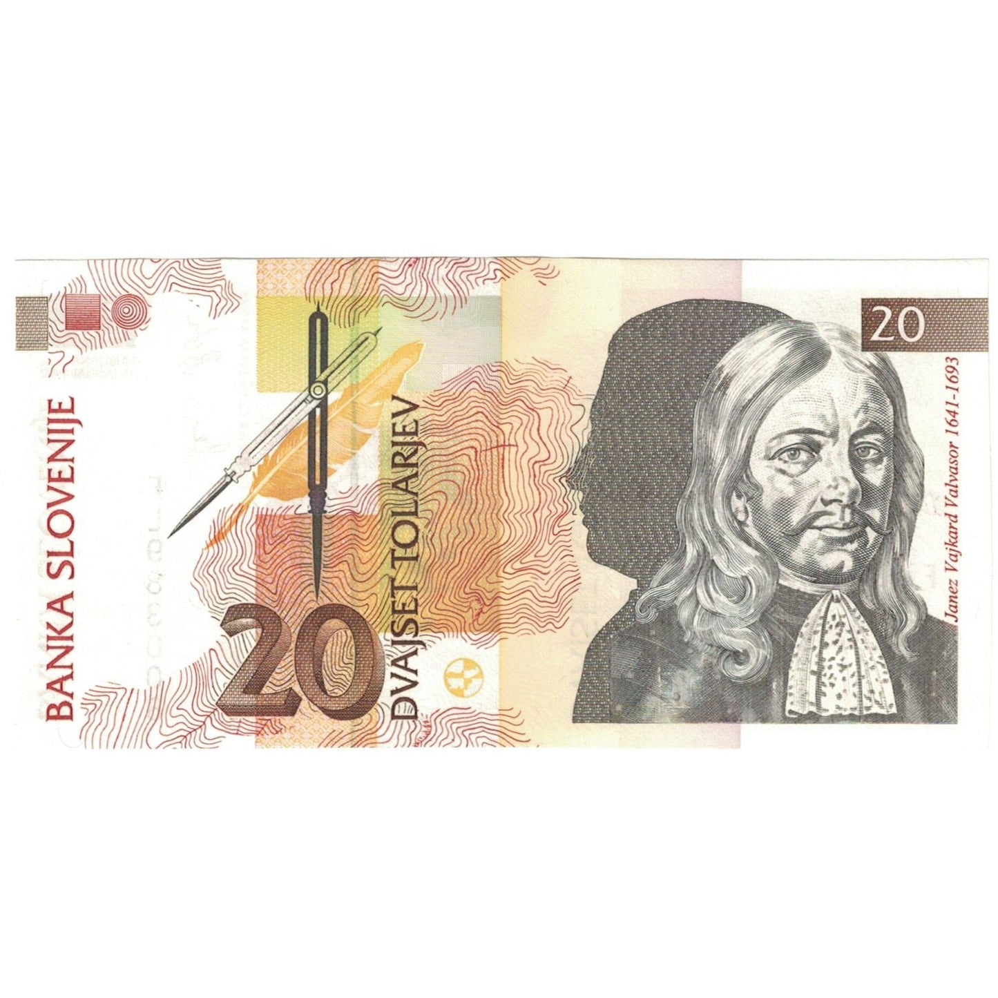 Bankovka,
Slovinsko,
20 Tolarjev