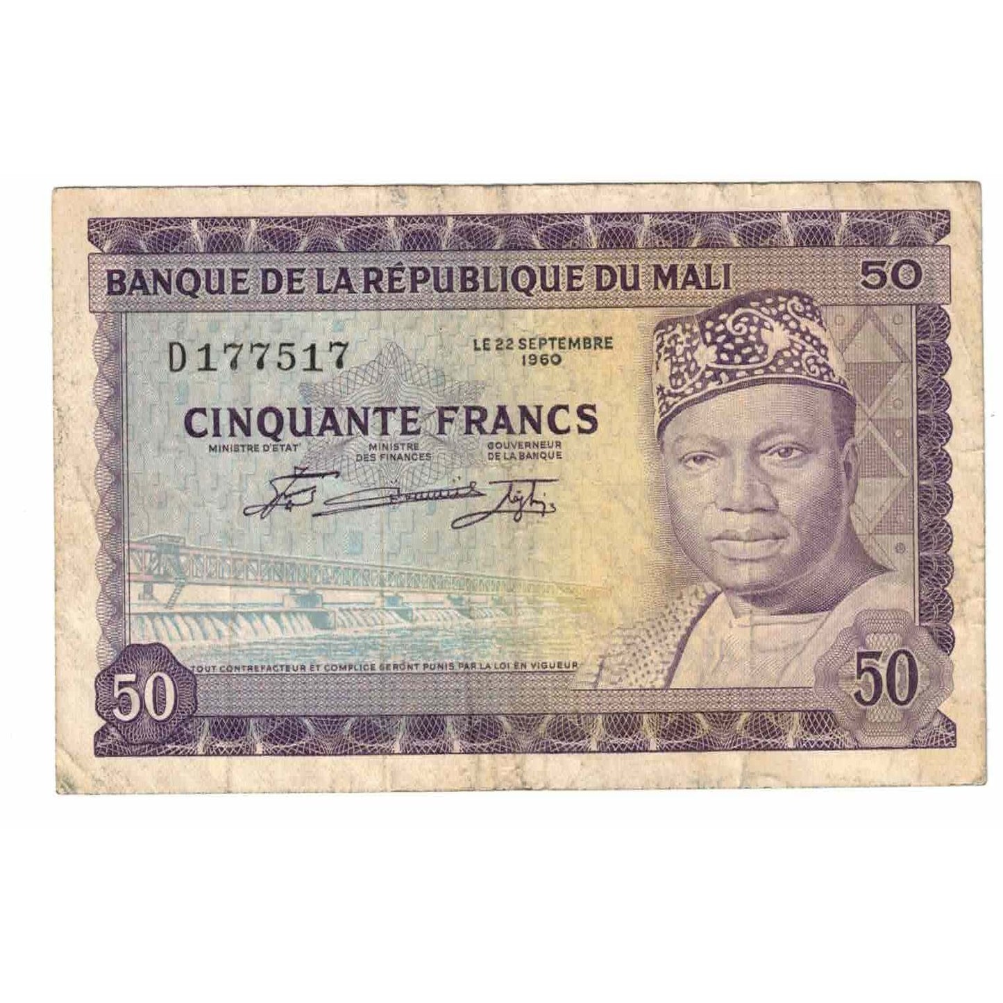 Bankovka,
Mali,
50 franků