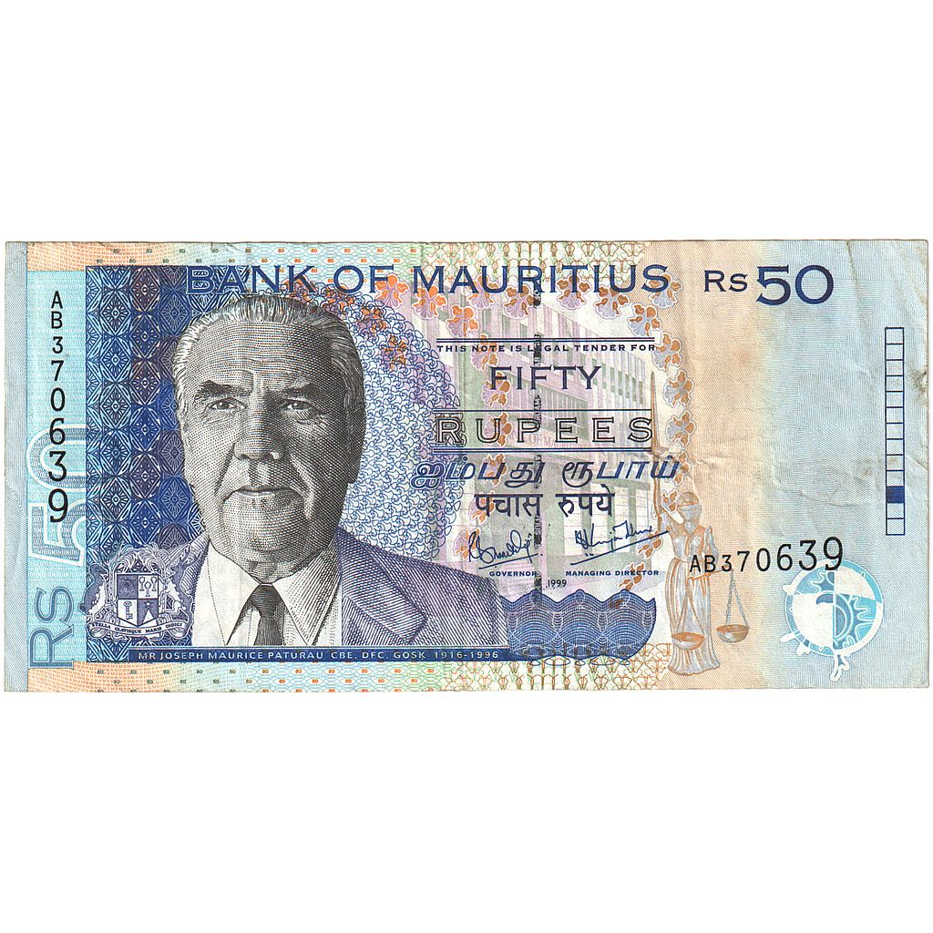 Bankovka,
Mauricius,
50 rupií