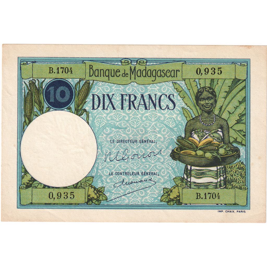 Madagaskar, 
  
  10 franků, 
  
  Nedatováno (1937-47)
